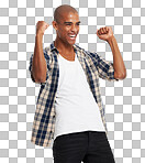 Excited, black man and celebration with fist hands in air with smile from young success. Happy, gen z and celebrate from winning, goals or winner bonus isolated on a transparent, png background