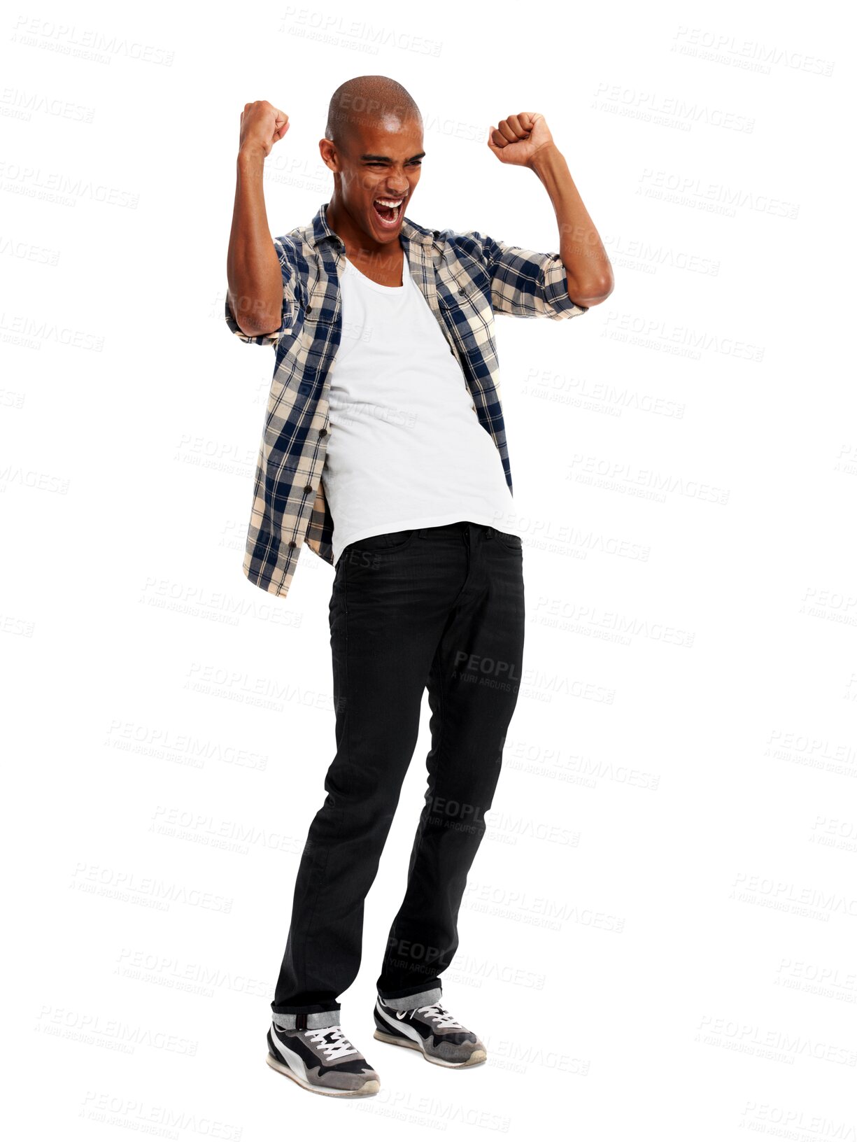 Buy stock photo Man is excited, fist pump and winner with celebration and happiness isolated on transparent or png background. Happy young male winning, achievement and celebrate positive announcement with yes 