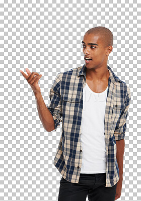 Buy stock photo Man pointing, marketing and promotion with gesture, sign and product placement isolated on transparent or png background. Promo, presentation and brand advertising with young male and show logo