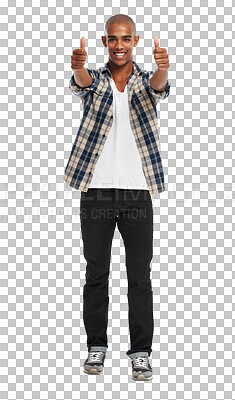 Buy stock photo Thumbs up, black man and smile portrait of a young model with yes, success and winning hand sign. Excited, happiness and agreement hands gesture of a person isolated on a transparent, png background