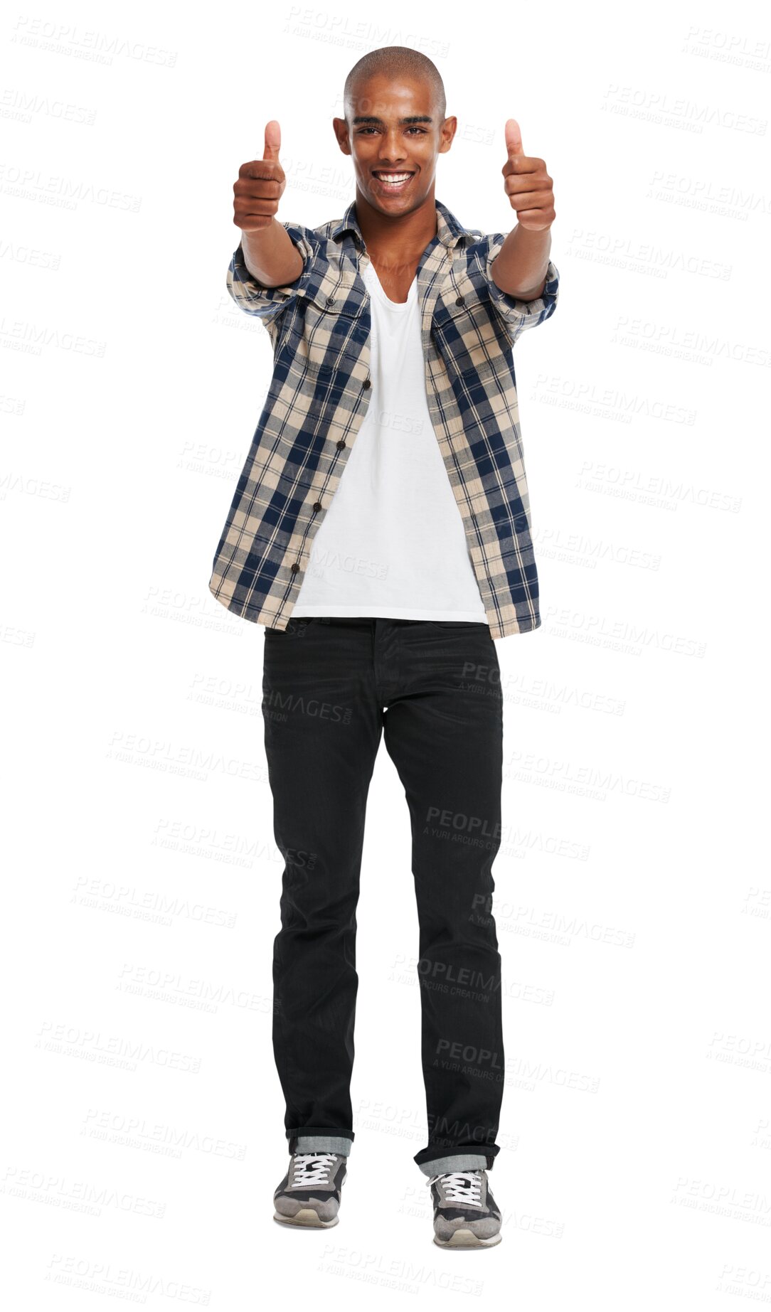 Buy stock photo Thumbs up, black man and smile portrait of a young model with yes, success and winning hand sign. Excited, happiness and agreement hands gesture of a person isolated on a transparent, png background