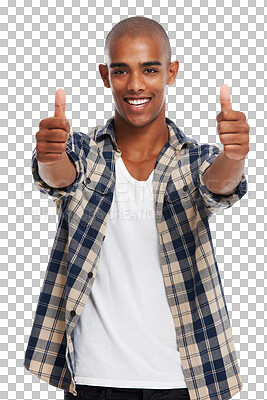 Buy stock photo Thumbs up, black man and portrait of a happy model with yes, success and thank you hand sign. Smile, happiness and agreement hands gesture of a person isolated on a transparent, png background