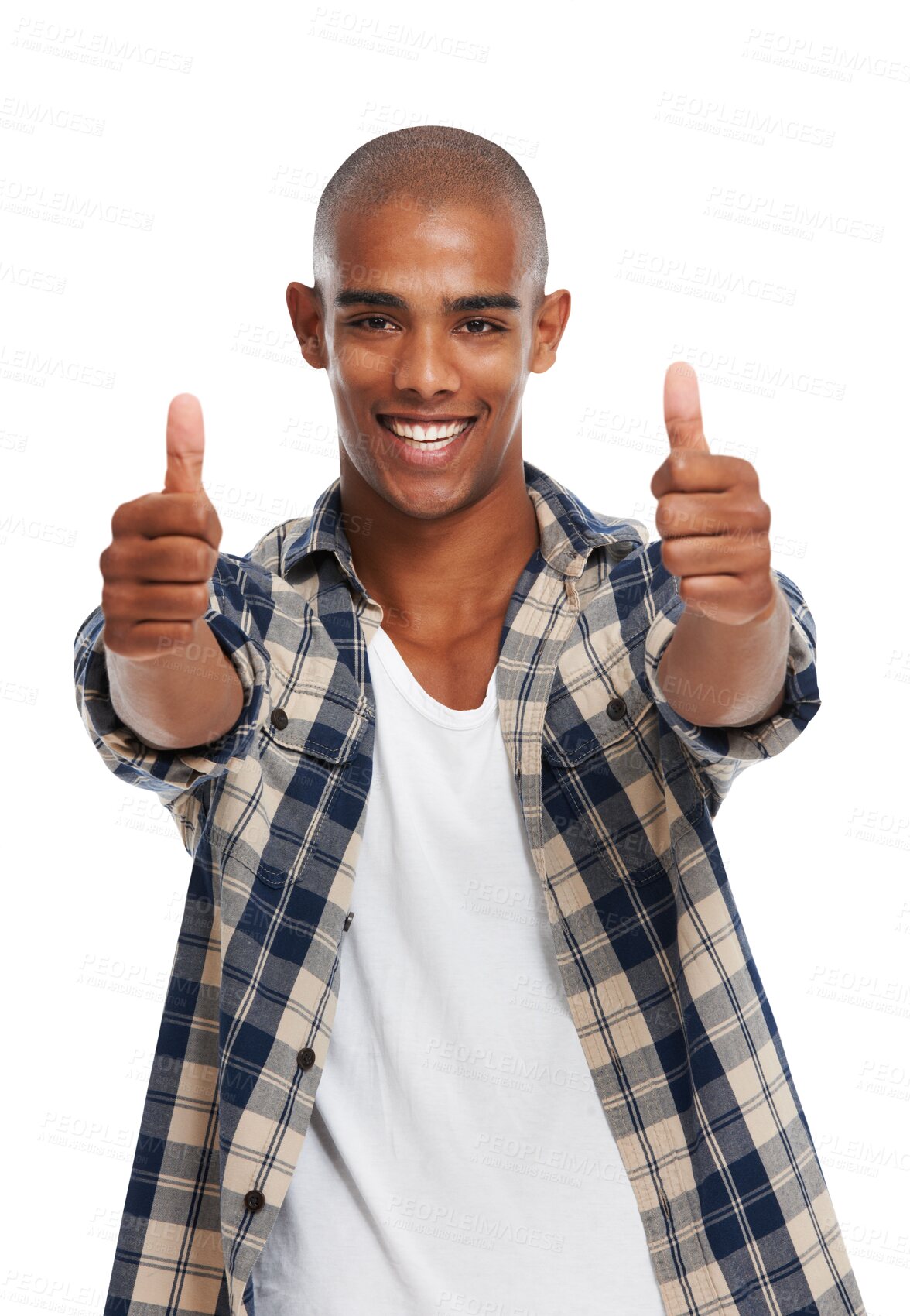 Buy stock photo Thumbs up, man and portrait of a young model with yes, happy and thank you hand sign. Smile, male happiness and agreement hands gesture of a winning person isolated on a transparent, png background