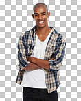 Portrait, fashion and bald with a black man arms crossed standing on in casual clothes. Face, happy and smile with a handsome young male posing in contemporary clothing isolated on a png background