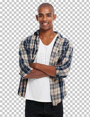 Buy stock photo Arms crossed, fashion and portrait of man on png background for trendy, cool and elegant style. Casual, smile and happiness with male model isolated on transparent for natural, edgy and confidence