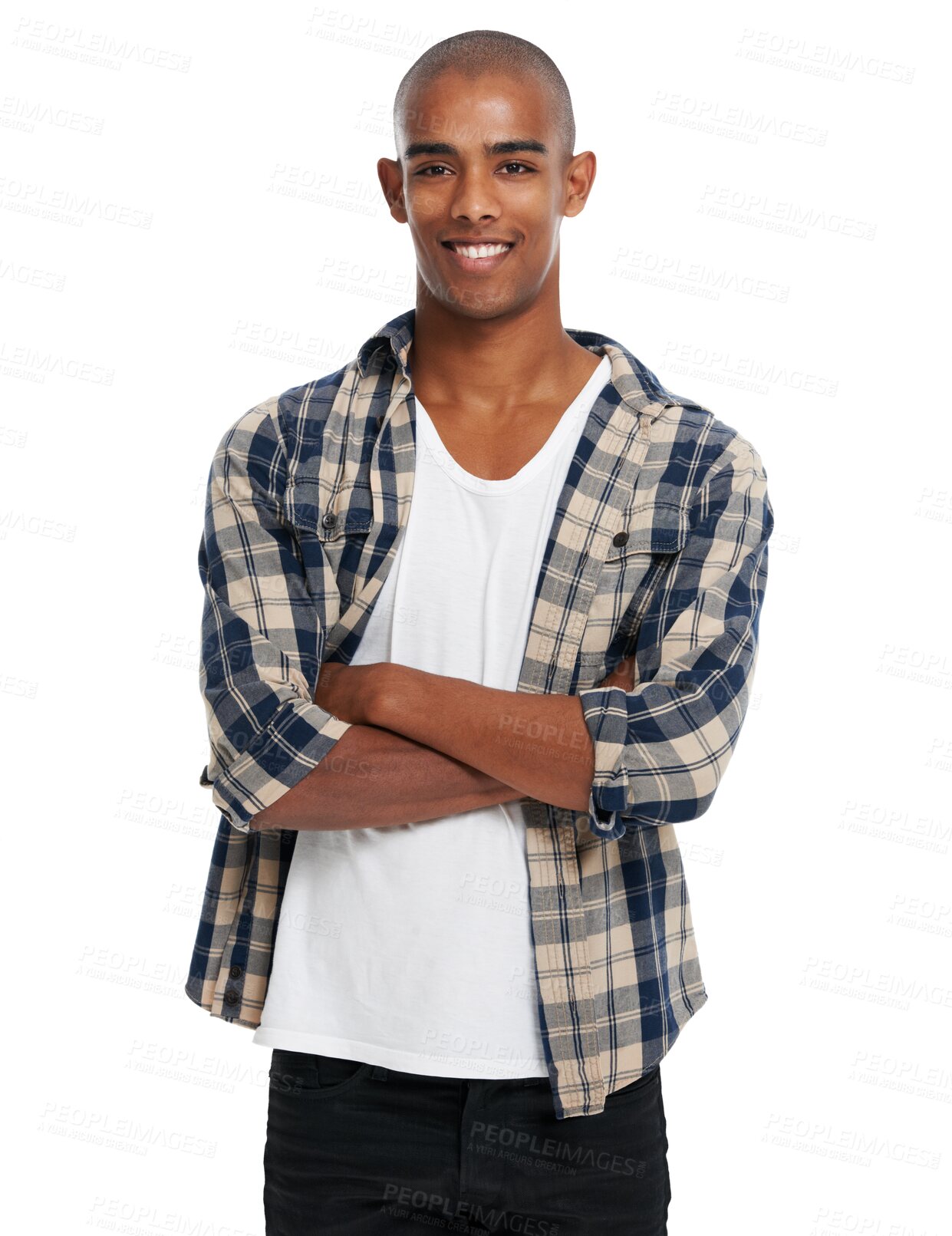 Buy stock photo Arms crossed, fashion and portrait of man on png background for trendy, cool and elegant style. Casual, smile and happiness with male model isolated on transparent for natural, edgy and confidence