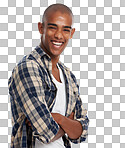 Laugh, happy and black man model portrait of a person from Chicago with cool style and happiness. Laughing, casual and bald male university student alone with arms crossed and mockup space isolated on a png background