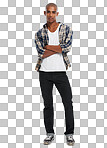 A black man, studio portrait and arms crossed with confidence, attitude and style from Atlanta. Cool guy, fashion model with confident style, clothes and handsome face isolated on a png background