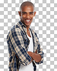 A Happy black man, studio portrait and arms crossed with smile, confidence and style from Atlanta. Cool guy, fashion model and with confident student, clothes and handsome bald person isolated on a png background