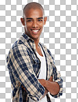 A black man, studio portrait and arms crossed with confidence, happiness or smile from Atlanta. Happy guy, fashion model and cool attitude on white background with clothes, style or handsome face isolated on a png background