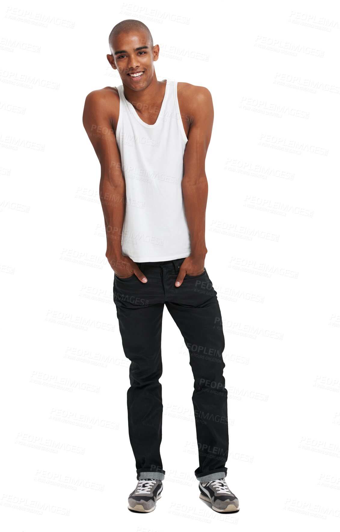 Buy stock photo Fashion fun, black man and portrait with a smile for gen z clothing and hands in pockets. Happy, cool and young African clothes model with confident pose isolated on a transparent, png background