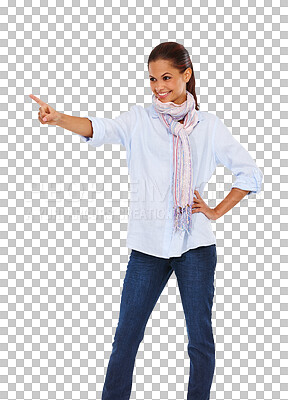 Buy stock photo Happy woman, instruction or pointing for choice, decision and choosing. Girl, fashion model or hand gesture for deciding, choose and picking isolated on a transparent png background with a smile