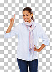 A Woman, portrait and hand pointing up on at promotion mockup or marketing space. Smile, happy and fashion model and showing hand gesture at sales, deal or advertising mock up isolated on a png background