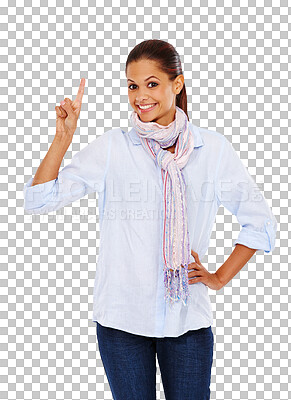 Buy stock photo Woman, portrait and hand pointing for promotion, question or vote. Smile, happy and fashion model showing hand gesture for opinion, feedback and answering isolated on a transparent png background