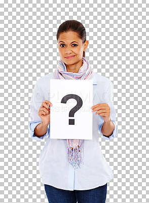 Buy stock photo Question mark, paper and portrait of a woman with a poster for branding. Doubt, employee and confused about an answer, surprise or secret announcement on a sign isolated on transparent png background