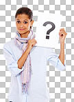 Confused, question mark and portrait of a woman with a paper isolated on a png background. Marketing, sign and person advertising a brand with a surprise decision on poster on a studio background