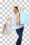 A Happy woman, shopping bag and studio portrait mockup and mall sales. Rich customer, model and shop in retail market, discount promotion and luxury store brand offer isolated on a png background