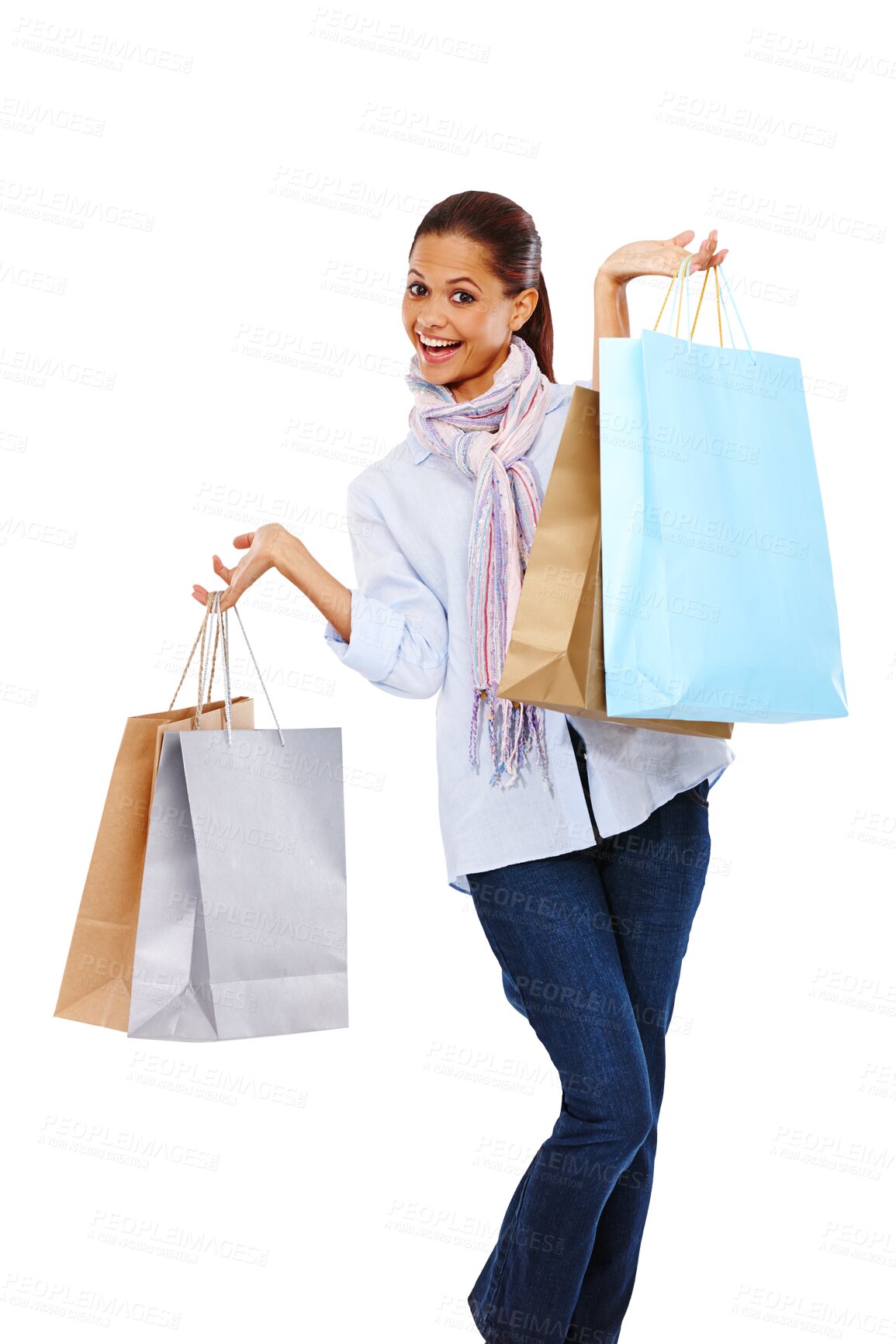 Buy stock photo Shopping bags, wow and woman portrait isolated on transparent, png background in fashion sale, promo or giveaway. Happy customer or rich, excited person for paper bag, clothes or discount celebration