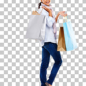Shopping, fashion and woman excited isolated on a png background in retail,  designer clothes and cosmetics. Shopping bags, advertising and portrait of  happy girl for promotion deal, sales and discount