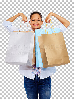 Buy stock photo Woman, shopping bag and smile in portrait for discount, choice and excited by transparent png background. Isolated girl, model and customer experience with happiness, sale or promotion for fashion