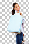 Happy shopping, woman and studio portrait and retail mall sales. Rich customer, model and gift bags for shopper service, discount promotion and luxury store brand deal isolated on a png background