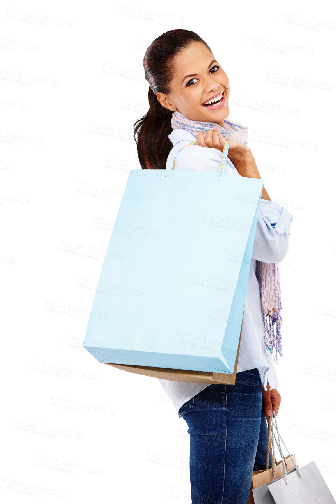 Buy stock photo Portrait, shopping or happy woman with bags, fashion or clothes isolated on transparent png background. Discount promotion, customer or excited Indian girl smiling in retail therapy with products