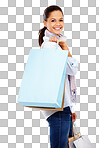 A Woman, shopping and studio portrait, isolated and retail mall sales. Happy customer, model and shopping bags of commerce market, discount promotion and luxury store brand offer isolated on a png background