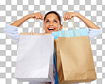 Woman, shopping bags and smile for store sale, discount or deal. Happy isolated female shopper smiling holding gift bags for retail shopping spree on isolated on a png background