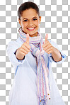 A Woman, smile and thumbs up for winning, deal or discount. Portrait of isolated female smiling and showing thumbsup for good job, sale or finished on isolated on a png background