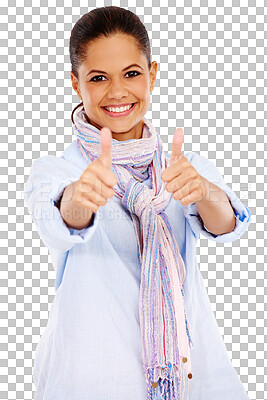 Buy stock photo Isolated woman, portrait and smile with thumbs up for review, yes or success by transparent png background. Girl, hand sign or emoji for motivation, thank you or agreement with happiness for choice