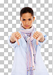 Portrait, thumbs down and emoji with a black woman in studio isolated on a png background to disagree. No, rejection and deny with a young female showing a negative hand sign on blank space