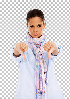 Buy stock photo Portrait, thumbs down and woman with hands for no isolated on a transparent, png background. Serious female person with hand gesture for opinion, rejection feedback and deny vote, emoji or sign