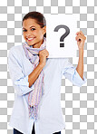 A Woman with question mark poster, portrait and question with branding or advertising. Document, faq and paper sign with marketing, happy and icon, why and interrogation isolated on a png background