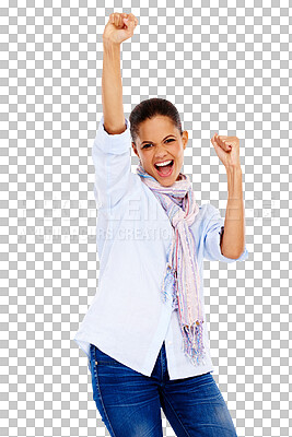 Buy stock photo Happy woman, success portrait and winning isolated on transparent, png background with yes, celebration or fist pump. Excited, wow and biracial person or winner celebrate promotion, bonus or news