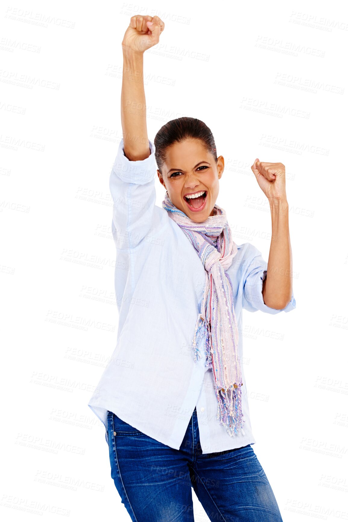 Buy stock photo Happy woman, success portrait and winning isolated on transparent, png background with yes, celebration or fist pump. Excited, wow and biracial person or winner celebrate promotion, bonus or news