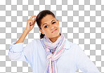 Confused, thinking and portrait of a woman with a question, idea or thought. Puzzled, wondering and female model from Mexico scratching her head while isolated on a png background