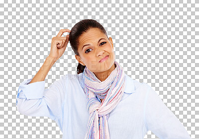 Buy stock photo Confused, doubt and woman scratching her head for confusion, decision or problem solving. Puzzled, wondering and portrait of female model with question while isolated on a transparent png background.