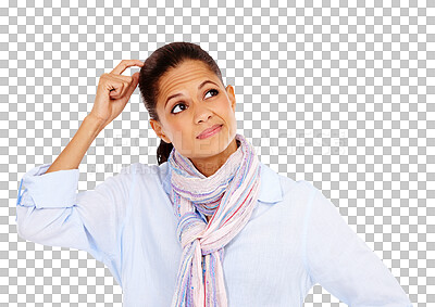 Buy stock photo Confused, thinking and woman scratching her head for confusion, decision or problem solving. Puzzled, wondering and female model with doubt, idea or question isolated on a transparent png background.