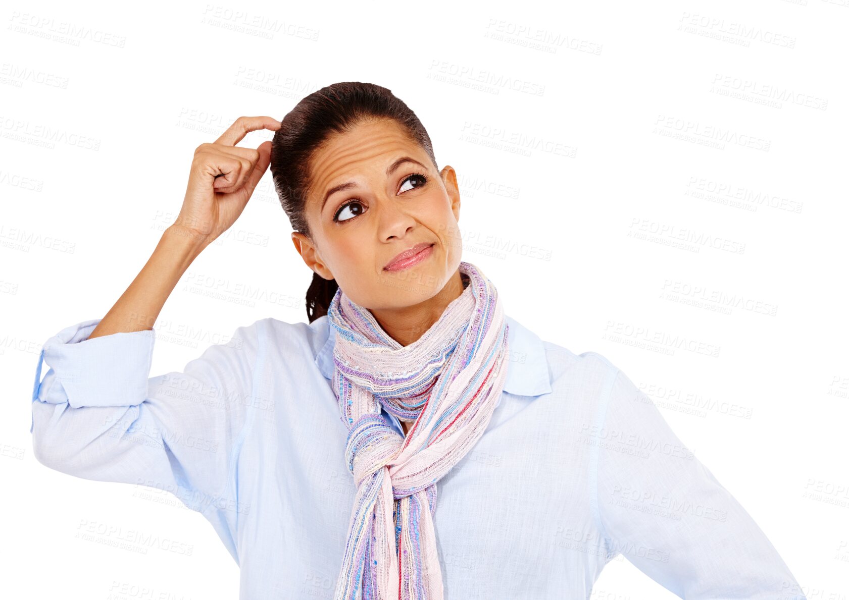 Buy stock photo Confused, thinking and woman scratching her head for confusion, decision or problem solving. Puzzled, wondering and female model with doubt, idea or question isolated on a transparent png background.