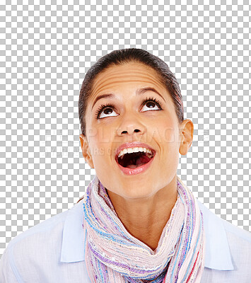 Buy stock photo Thinking, idea and face of woman with excited smile on png, isolated and transparent background. Happiness, ideas and female person looking up for surprise for decision, announcement and information