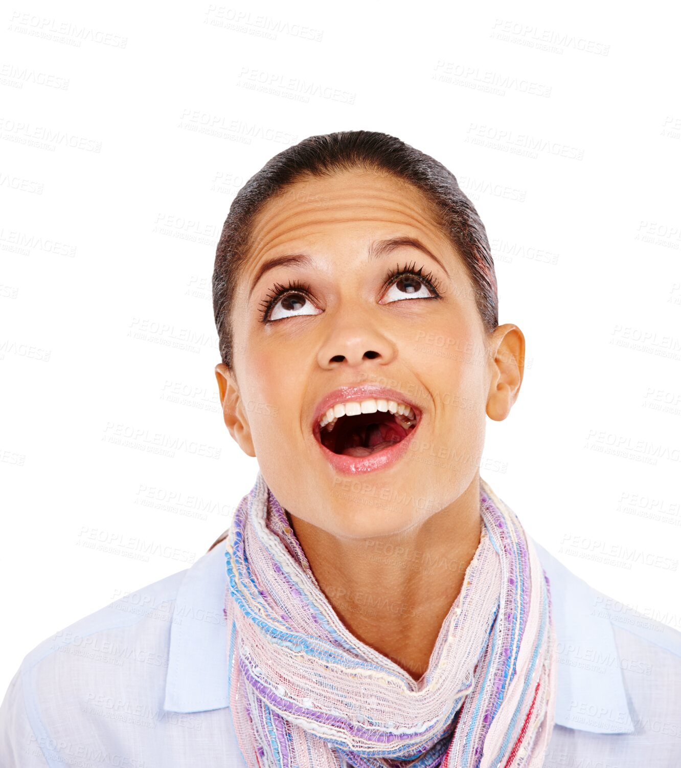 Buy stock photo Thinking, idea and face of woman with excited smile on png, isolated and transparent background. Happiness, ideas and female person looking up for surprise for decision, announcement and information