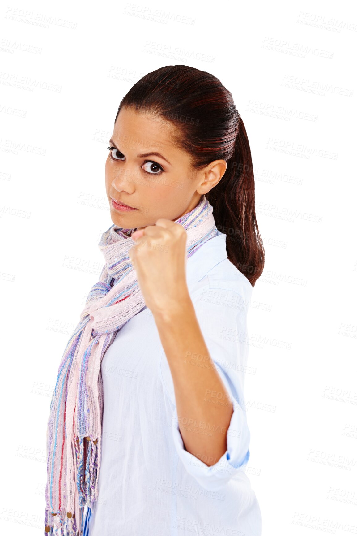 Buy stock photo Portrait, angry and fist of a woman isolated on a transparent png background ready for fight or conflict. Hand, anger and fighting female person with aggression, violence or punch, threat or protest