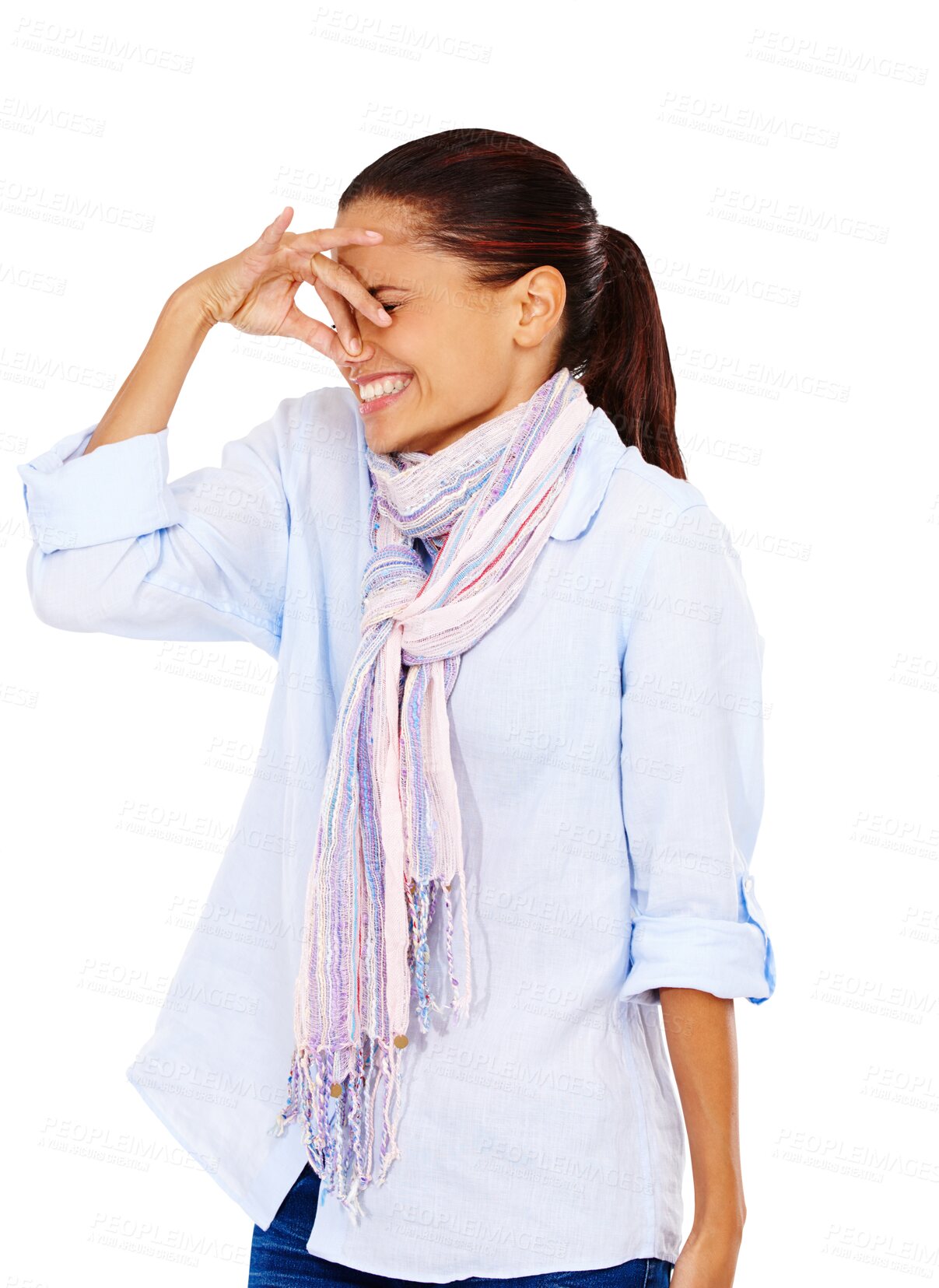 Buy stock photo Happy woman holding nose isolated on transparent, png background for bad smell, odor or scent problem. Young person or model in casual clothes with fingers on nasal, disgusted expression and stink 