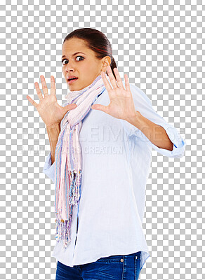 Buy stock photo Scared, fear and portrait of a woman in surprise isolated on a transparent, png background. Stop, shocked defense and hands of a female model face with a careful, defensive and fearful gesture 