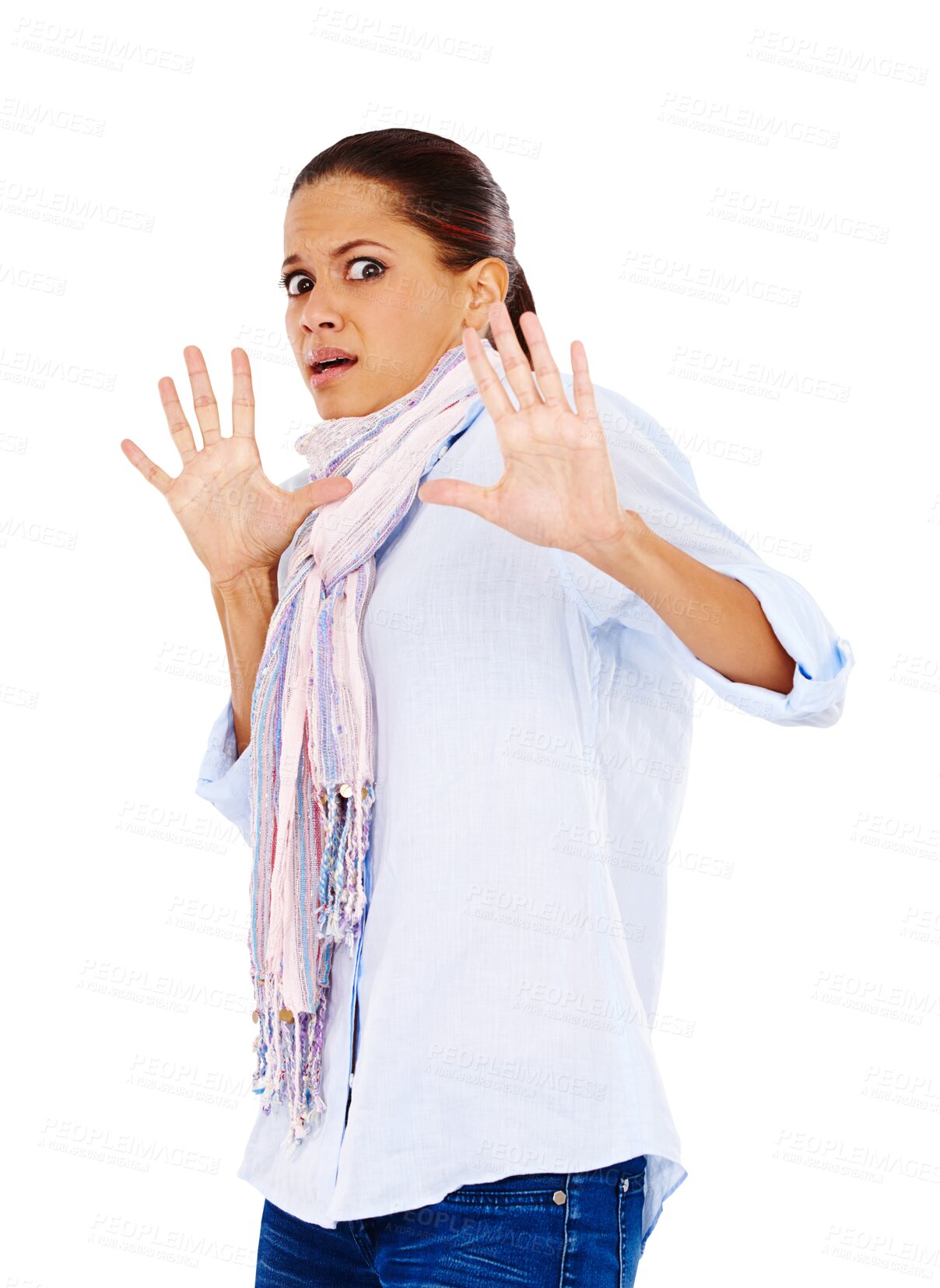 Buy stock photo Scared, fear and portrait of a woman in surprise isolated on a transparent, png background. Stop, shocked defense and hands of a female model face with a careful, defensive and fearful gesture 