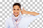 Face portrait, thumbs up and business woman. Thumbsup, support and happy female with hand gesture for like emoji, approval or thank you, yes and success motivation isolated on a png background