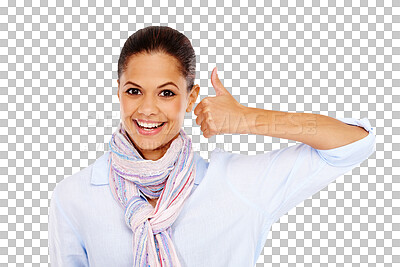 Buy stock photo Portrait, thumbs up and smile of woman for success isolated on a transparent png background. Hand gesture, like emoji and happy female person with sign for approval, agreement or support, ok or vote.