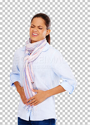 Buy stock photo Digestion, stomach pain and a woman sick with a constipation or color problem. Menstruation, stomachache or period with a female model isolated on a transparent, png background with hands on abdomen