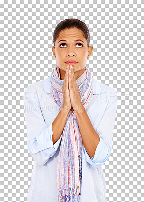 Prayer, woman and Christian praying in studio isolated on a png background. Religion, faith wish and female looking up to worship God, holy spirit and Jesus for spiritual communication, help or hope.