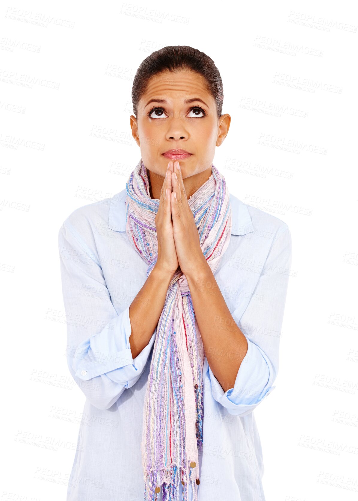 Buy stock photo Isolated woman, praying hands and looking with faith, hope and gratitude for life by transparent png background. Girl, model or christian student with prayer hand sign, religion and worship God